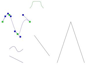 A set of straight and curved lines. One has green and blue squares indicating how to edit the shape of the line.